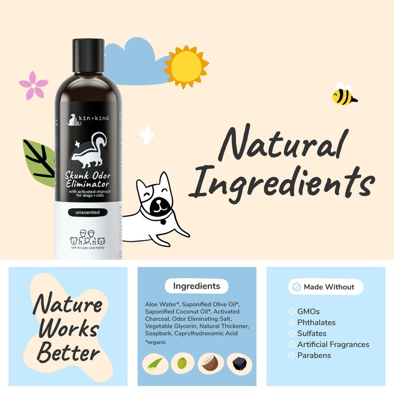 kin+kind Skunk Shampoo for Dogs & Cats - Activated Charcoal Odor Eliminator(12 fl oz) - Safe for Dogs and Cats, Removes Skunk Scent - Natural Blend with Coconut and Olive Oil - Unscented - Made in USA - Image 5
